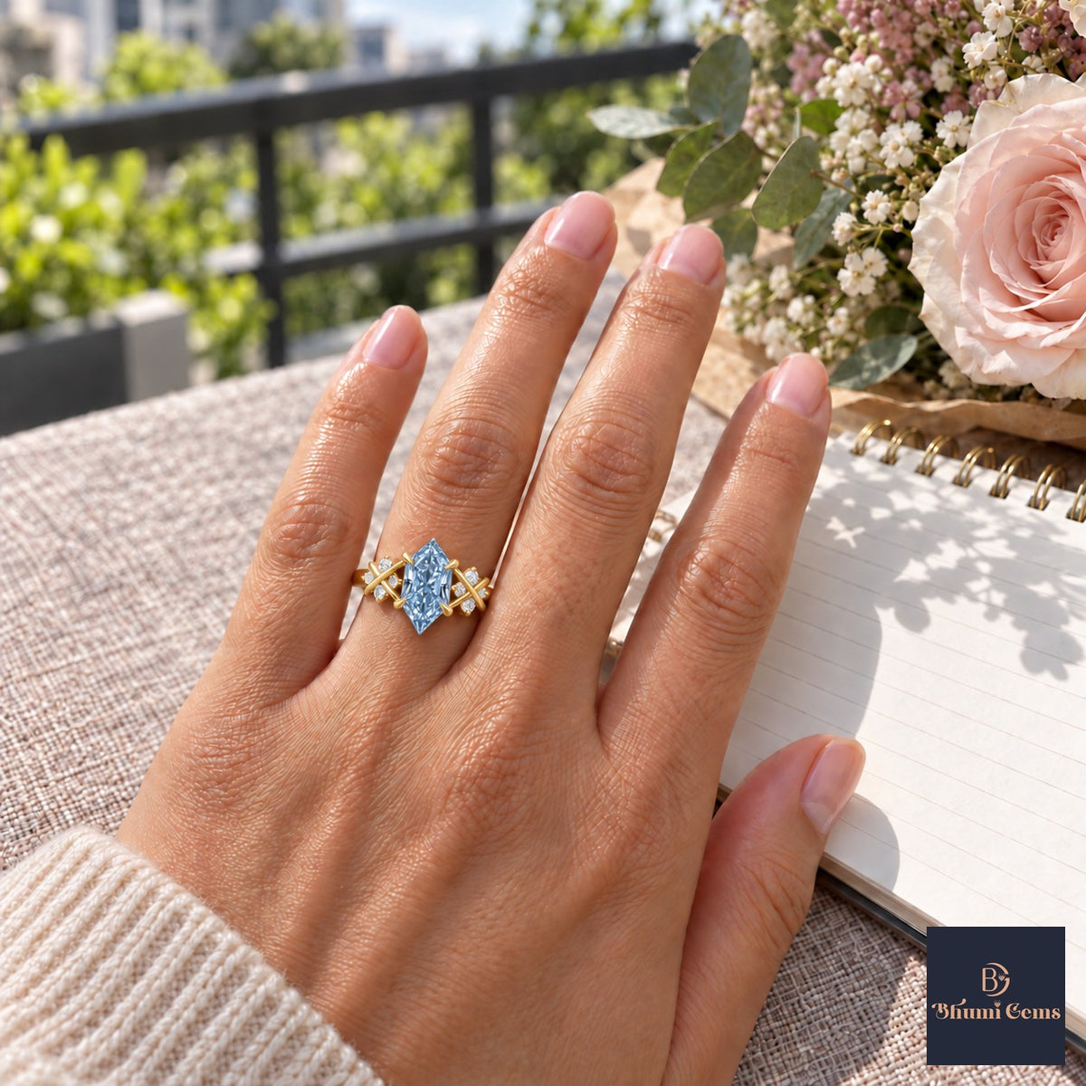 Blue Hexagon Cut Lab Grown Diamond Engagement Ring - Cluster Shoulders in yellow gold, worn on the hand