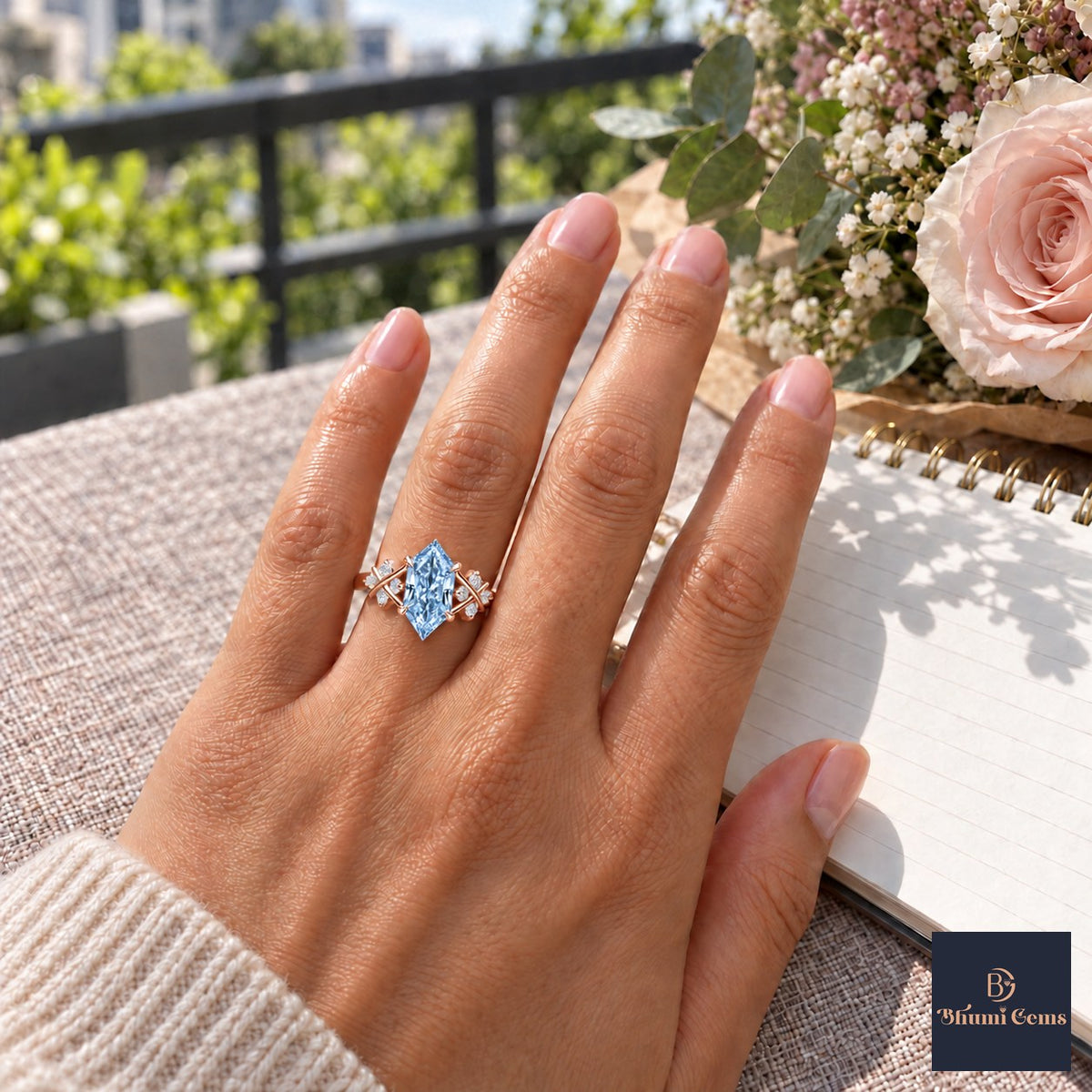 Blue Hexagon Cut Lab Grown Diamond Engagement Ring - Cluster Shoulders in rose gold, worn on the hand