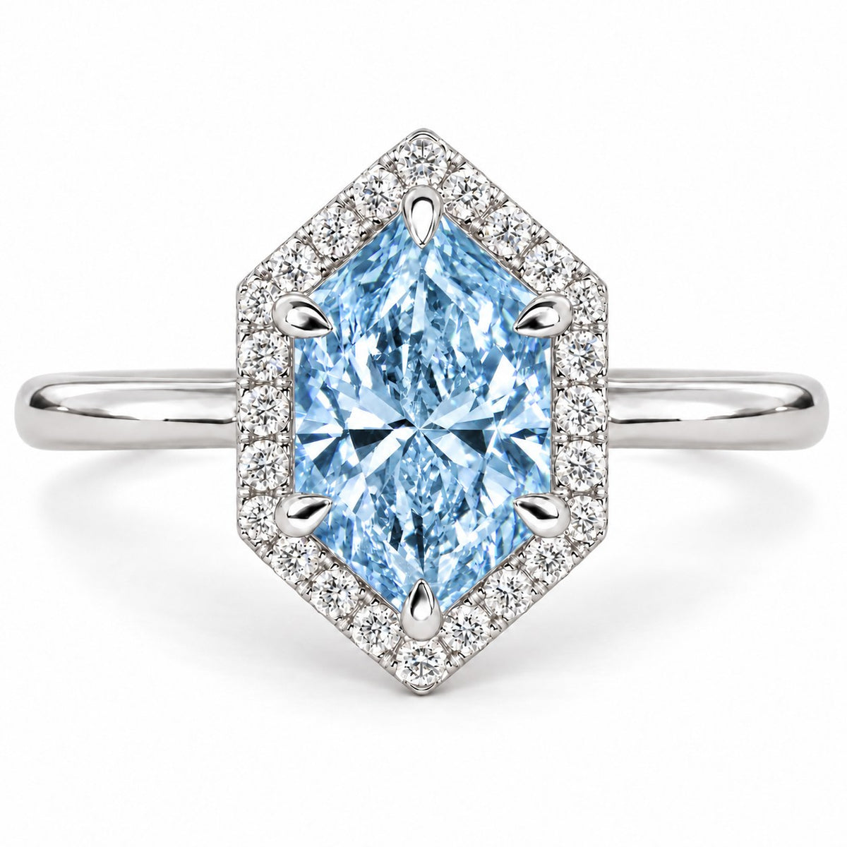 Blue Hexagon Cut Lab Grown Diamond Engagement Ring - Halo in white gold, front view