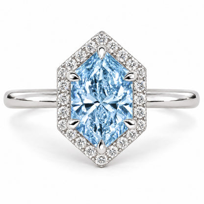 Blue Hexagon Cut Lab Grown Diamond Engagement Ring - Halo in white gold, front view