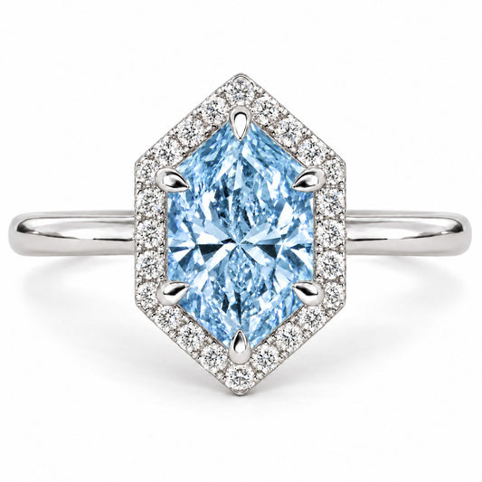 Blue Hexagon Cut Lab Grown Diamond Engagement Ring - Halo in white gold, front view