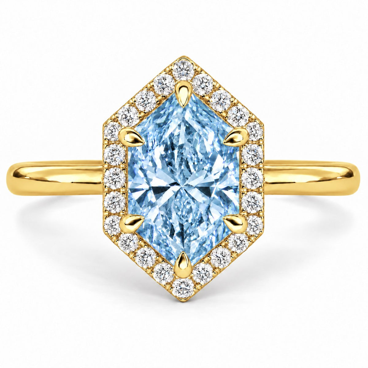 Blue Hexagon Cut Lab Grown Diamond Engagement Ring - Halo in yellow gold, front view