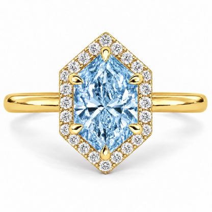 Blue Hexagon Cut Lab Grown Diamond Engagement Ring - Halo in yellow gold, front view