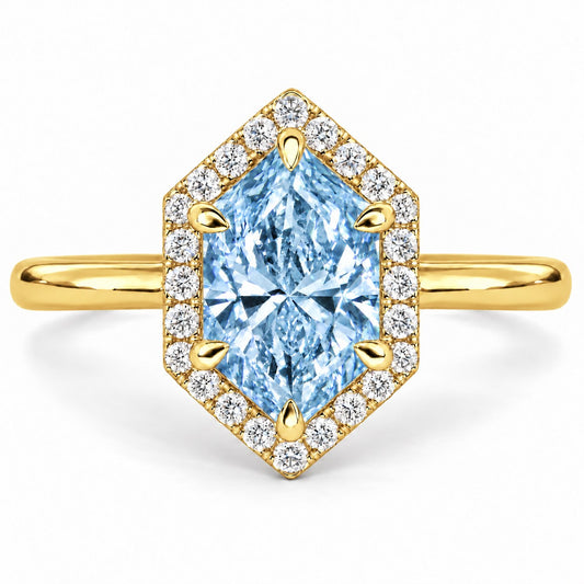 Blue Hexagon Cut Lab Grown Diamond Engagement Ring - Halo in yellow gold, front view