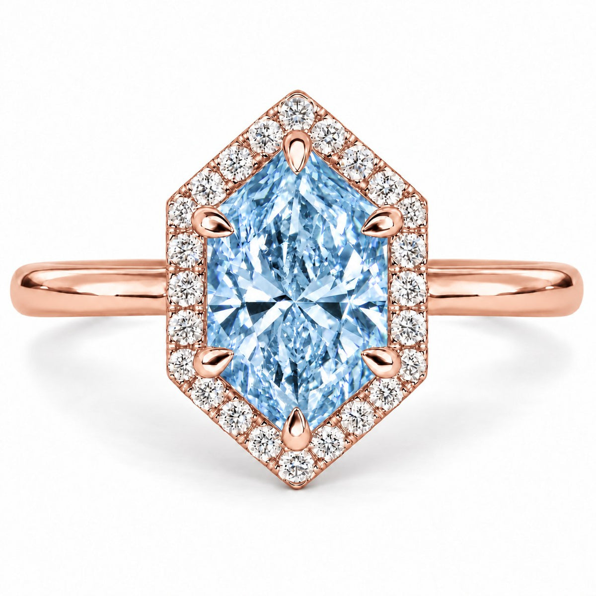 Blue Hexagon Cut Lab Grown Diamond Engagement Ring - Halo in rose gold, front view