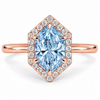Blue Hexagon Cut Lab Grown Diamond Engagement Ring - Halo in rose gold, front view