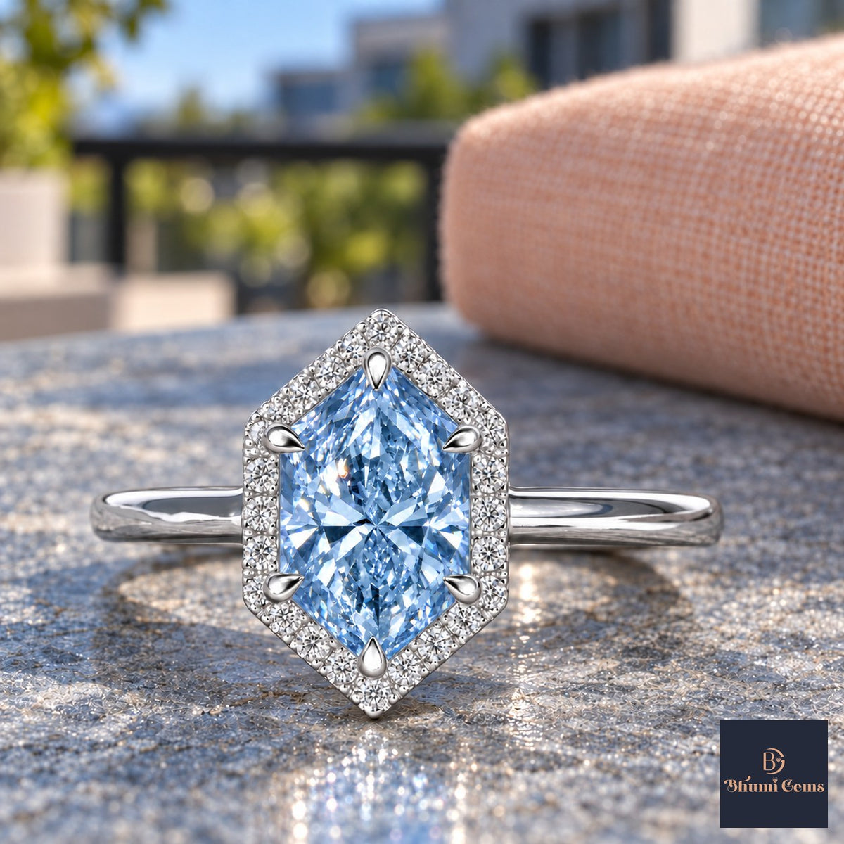 Blue Hexagon Cut Lab Grown Diamond Engagement Ring - Halo in white gold, close-up