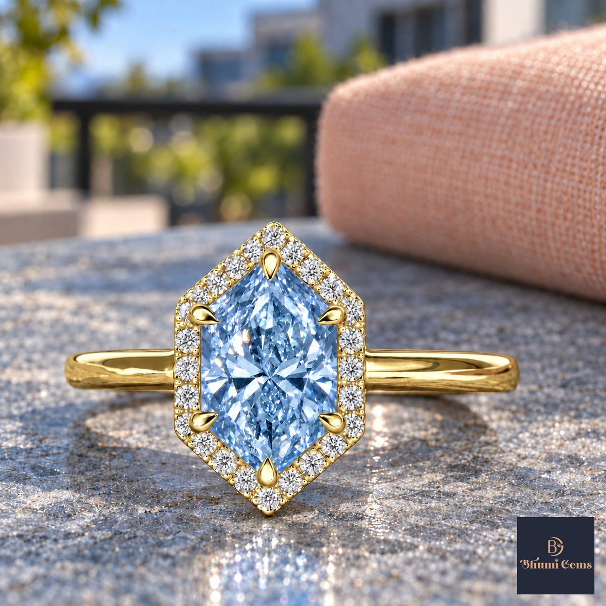 Blue Hexagon Cut Lab Grown Diamond Engagement Ring - Halo in yellow gold, close-up