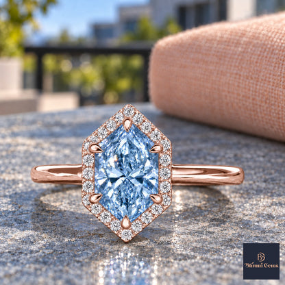 Blue Hexagon Cut Lab Grown Diamond Engagement Ring - Halo in rose gold, close-up