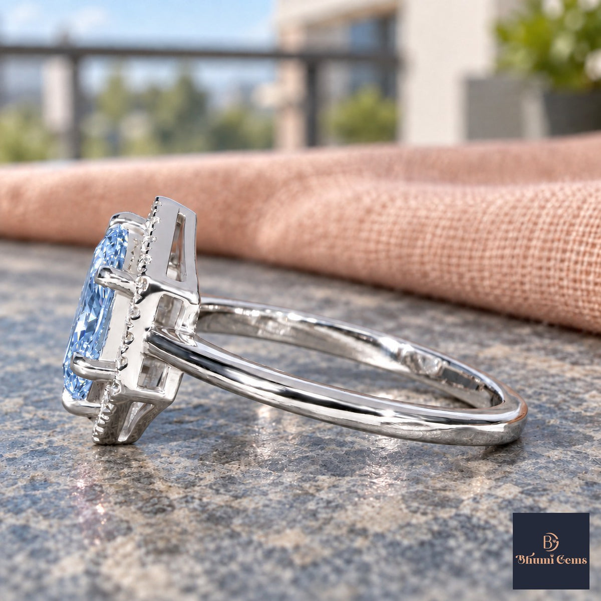 Blue Hexagon Cut Lab Grown Diamond Engagement Ring - Halo in white gold, side view