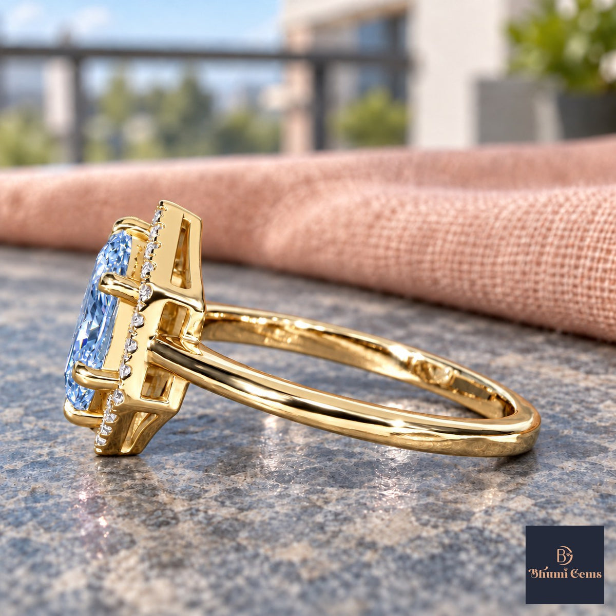 Blue Hexagon Cut Lab Grown Diamond Engagement Ring - Halo in yellow gold, side view