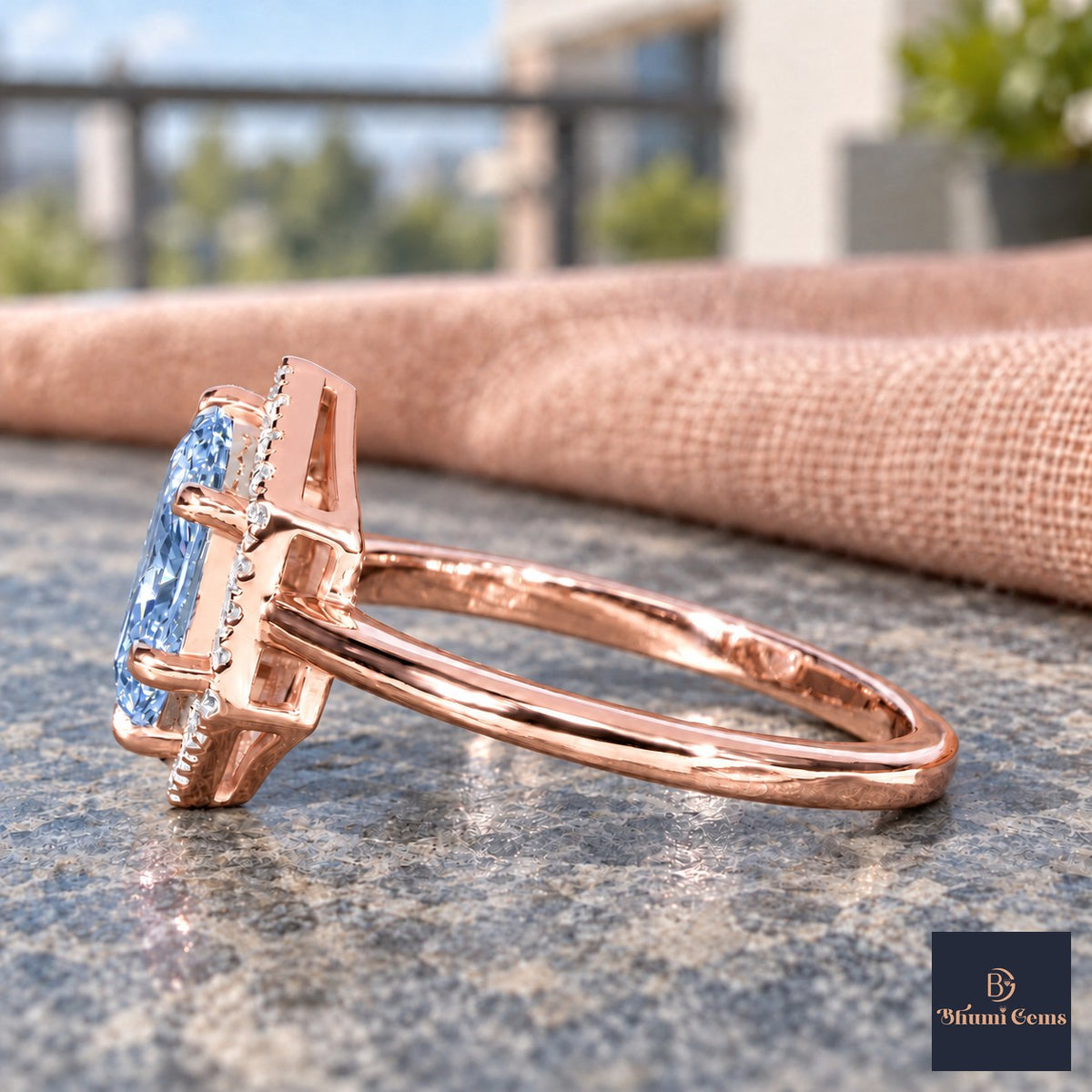 Blue Hexagon Cut Lab Grown Diamond Engagement Ring - Halo in rose gold, side view