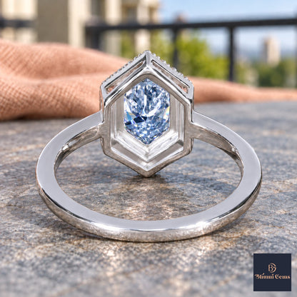 Blue Hexagon Cut Lab Grown Diamond Engagement Ring - Halo in white gold, gallery view