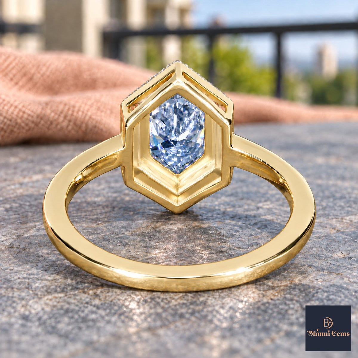 Blue Hexagon Cut Lab Grown Diamond Engagement Ring - Halo in yellow gold, gallery view