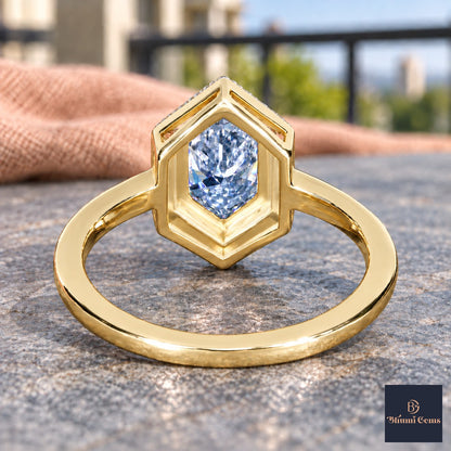 Blue Hexagon Cut Lab Grown Diamond Engagement Ring - Halo in yellow gold, gallery view