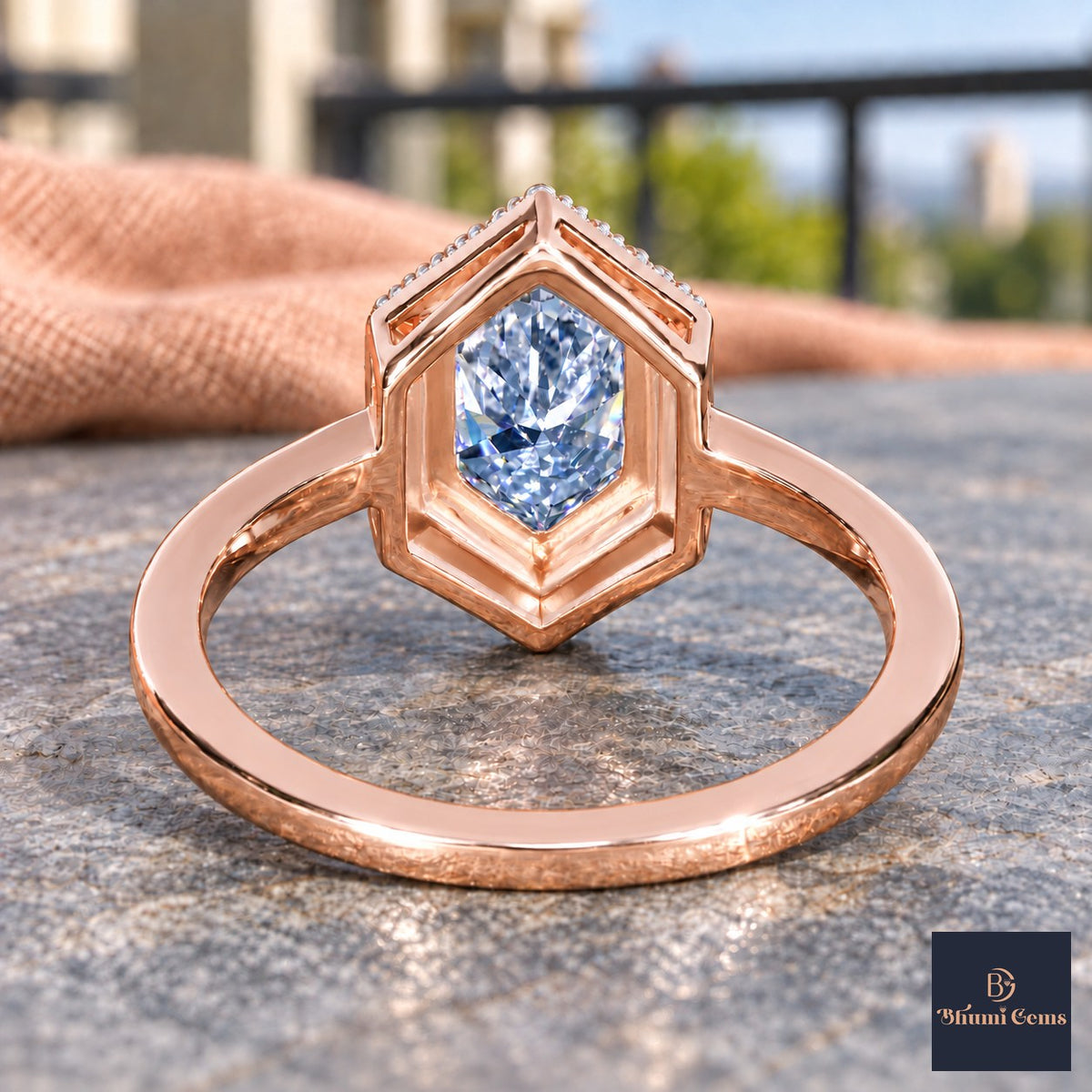 Blue Hexagon Cut Lab Grown Diamond Engagement Ring - Halo in rose gold, gallery view