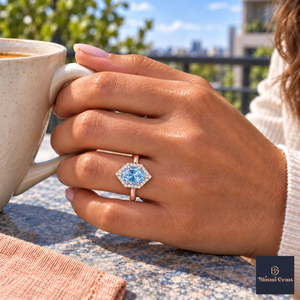 Blue Hexagon Cut Lab Grown Diamond Engagement Ring - Halo in rose gold, on the hand