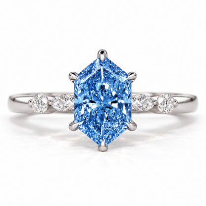 Blue Hexagon Cut Lab Grown Diamond Engagement Ring - Marquise and Round Accents in white gold, front view