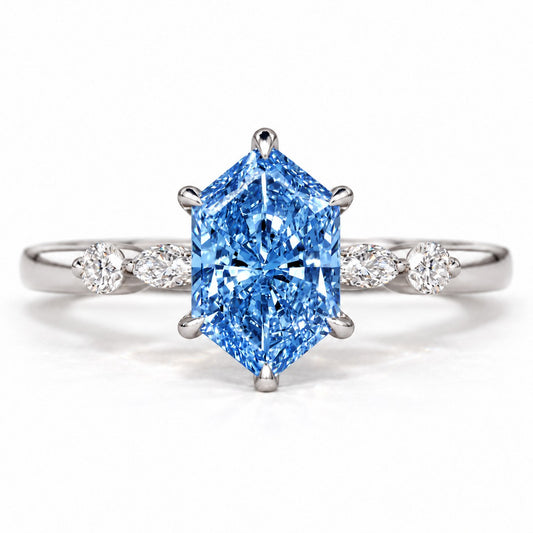 Blue Hexagon Cut Lab Grown Diamond Engagement Ring - Marquise and Round Accents in white gold, front view