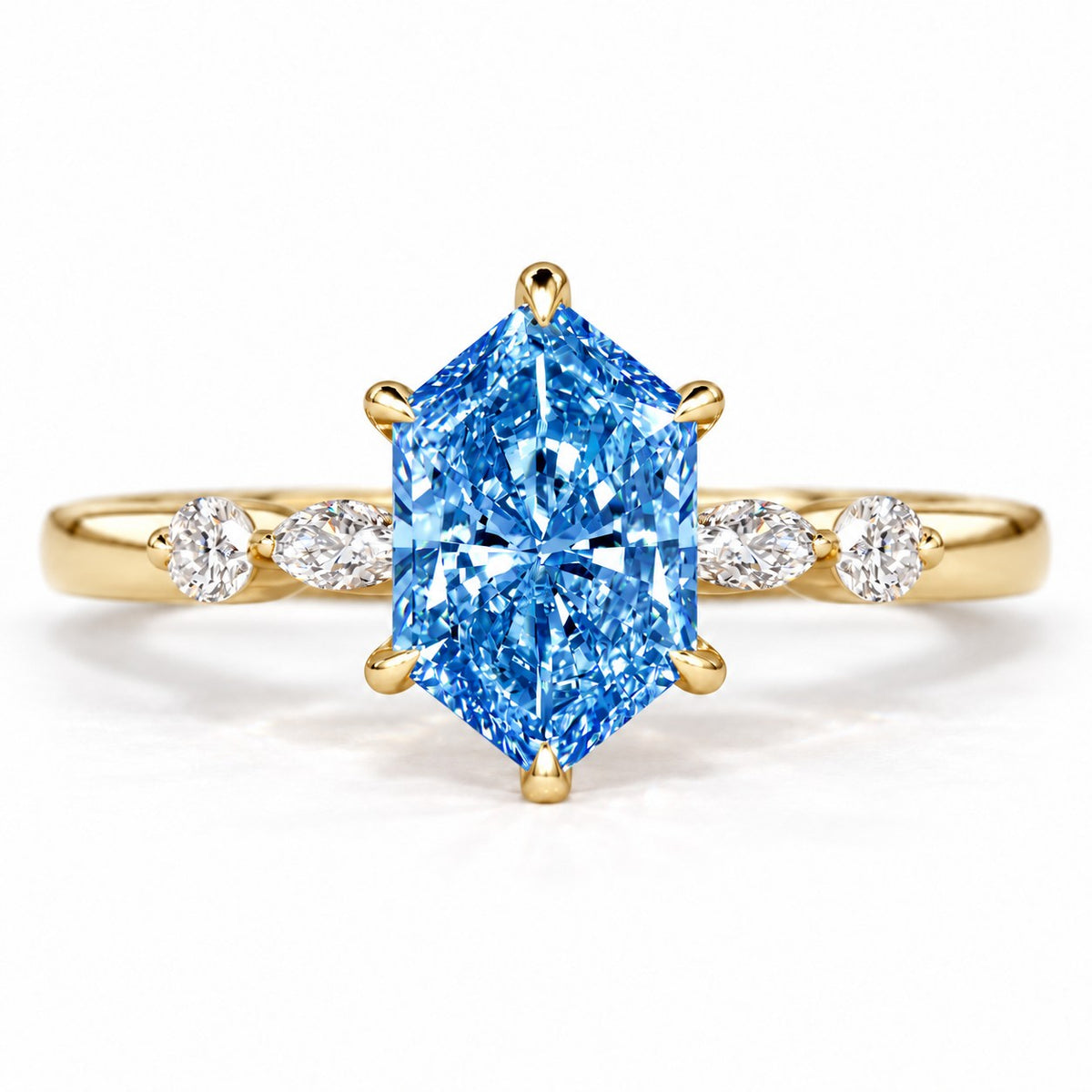 Blue Hexagon Cut Lab Grown Diamond Engagement Ring - Marquise and Round Accents in yellow gold, front view