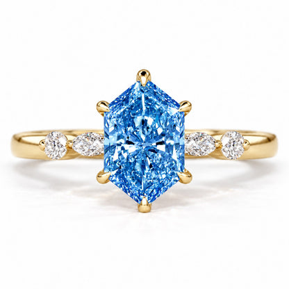 Blue Hexagon Cut Lab Grown Diamond Engagement Ring - Marquise and Round Accents in yellow gold, front view