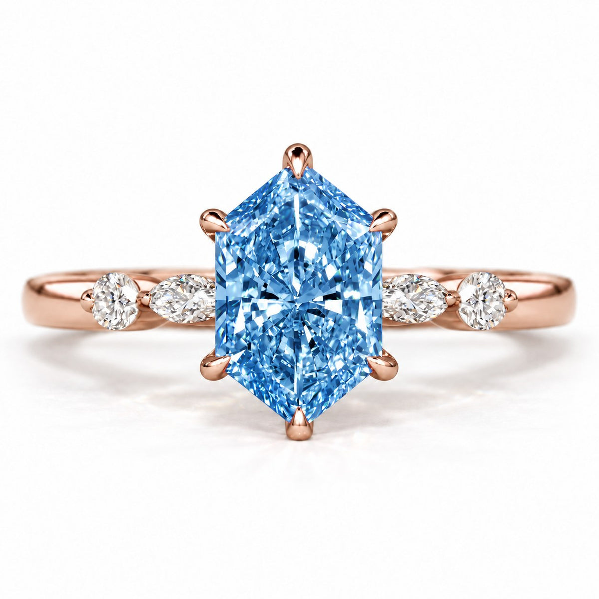 Blue Hexagon Cut Lab Grown Diamond Engagement Ring - Marquise and Round Accents in rose gold, front view