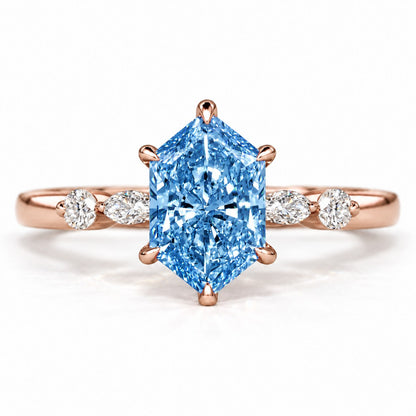 Blue Hexagon Cut Lab Grown Diamond Engagement Ring - Marquise and Round Accents in rose gold, front view