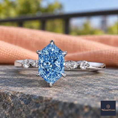 Blue Hexagon Cut Lab Grown Diamond Engagement Ring - Marquise and Round Accents in white gold, close-up