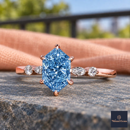 Blue Hexagon Cut Lab Grown Diamond Engagement Ring - Marquise and Round Accents in rose gold, close-up
