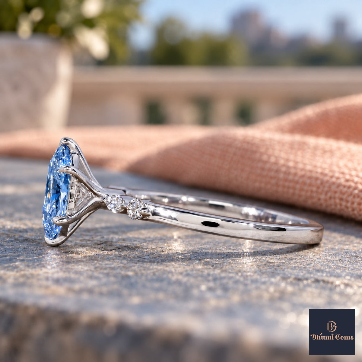 Blue Hexagon Cut Lab Grown Diamond Engagement Ring - Marquise and Round Accents in white gold, side view
