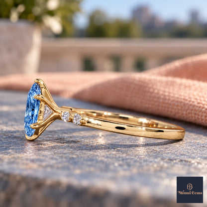 Blue Hexagon Cut Lab Grown Diamond Engagement Ring - Marquise and Round Accents in yellow gold, side view