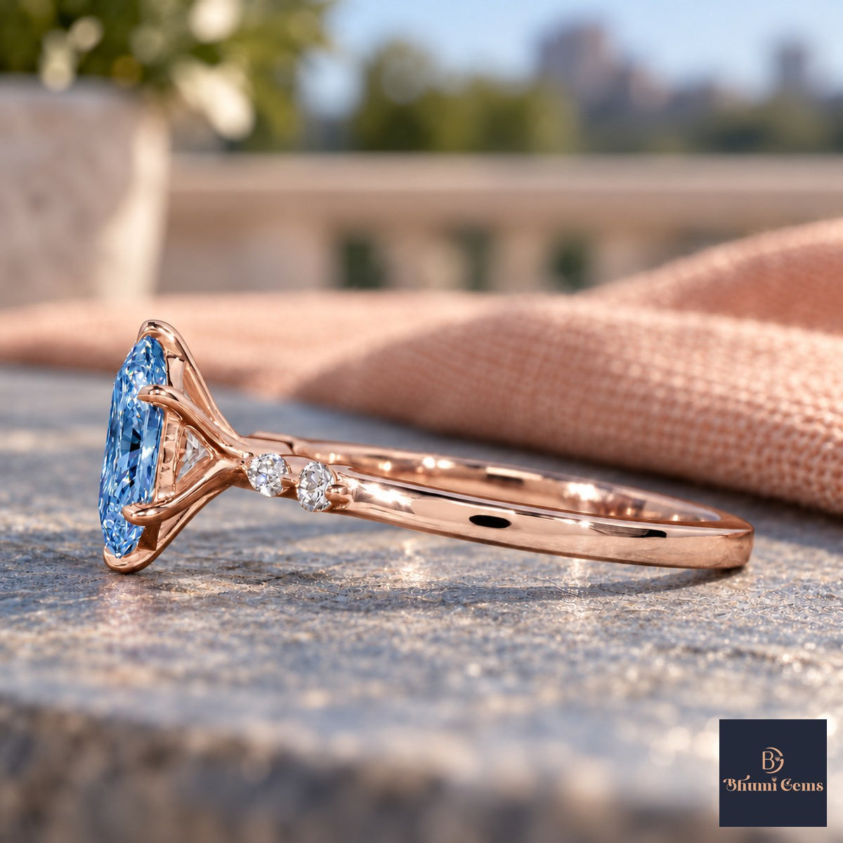 Blue Hexagon Cut Lab Grown Diamond Engagement Ring - Marquise and Round Accents in rose gold, side view