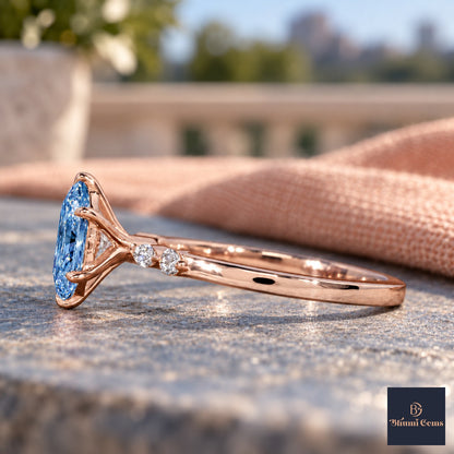 Blue Hexagon Cut Lab Grown Diamond Engagement Ring - Marquise and Round Accents in rose gold, side view