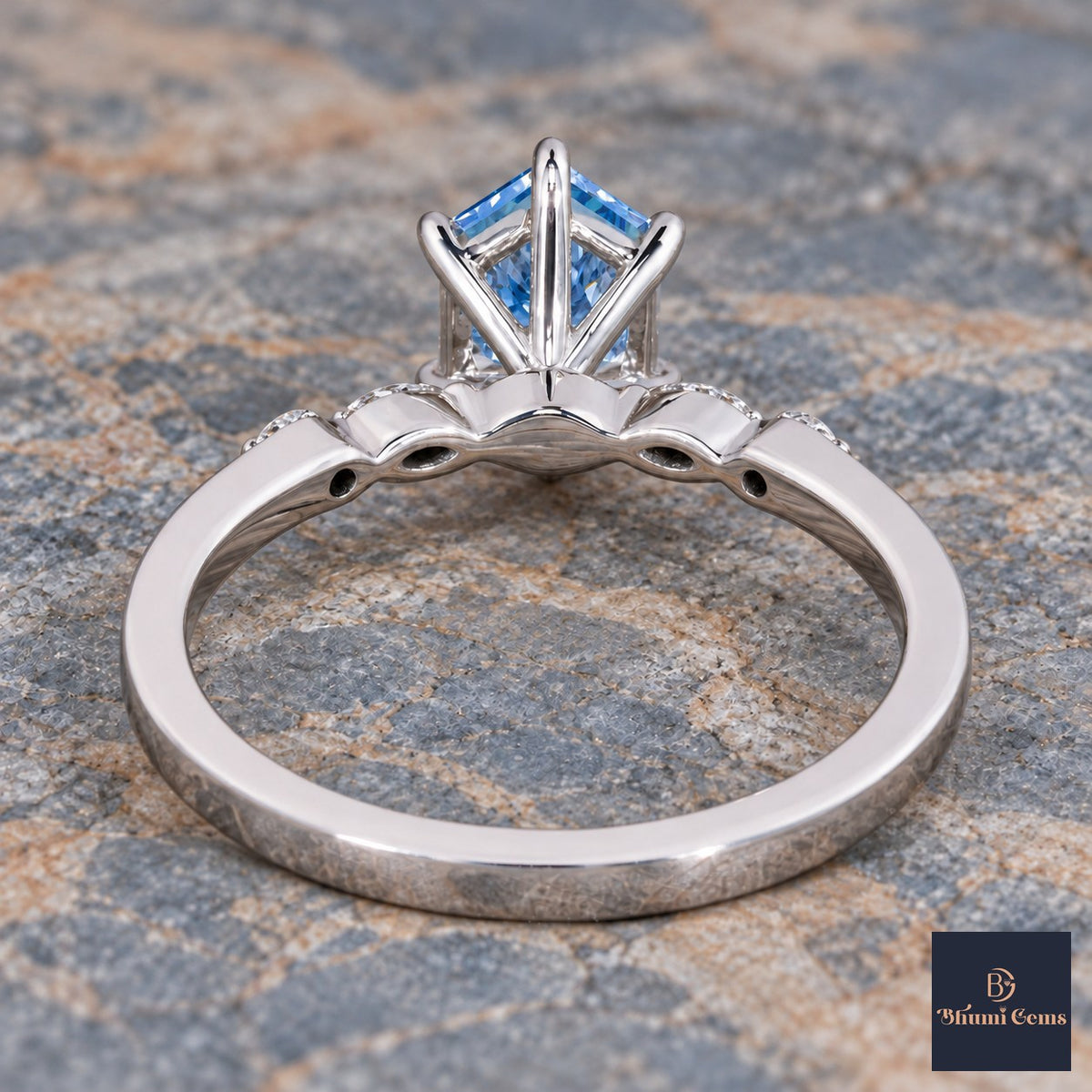 Blue Hexagon Cut Lab Grown Diamond Engagement Ring - Marquise and Round Accents in white gold, gallery view