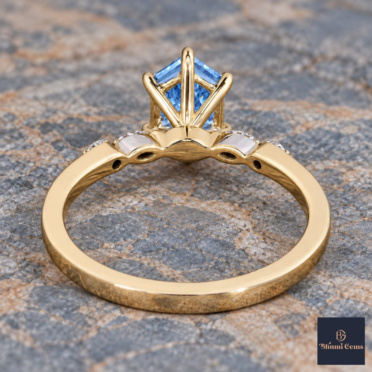 Blue Hexagon Cut Lab Grown Diamond Engagement Ring - Marquise and Round Accents in yellow gold, gallery view
