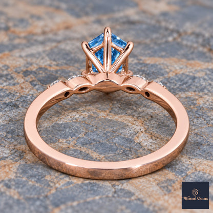Blue Hexagon Cut Lab Grown Diamond Engagement Ring - Marquise and Round Accents in rose gold, gallery view