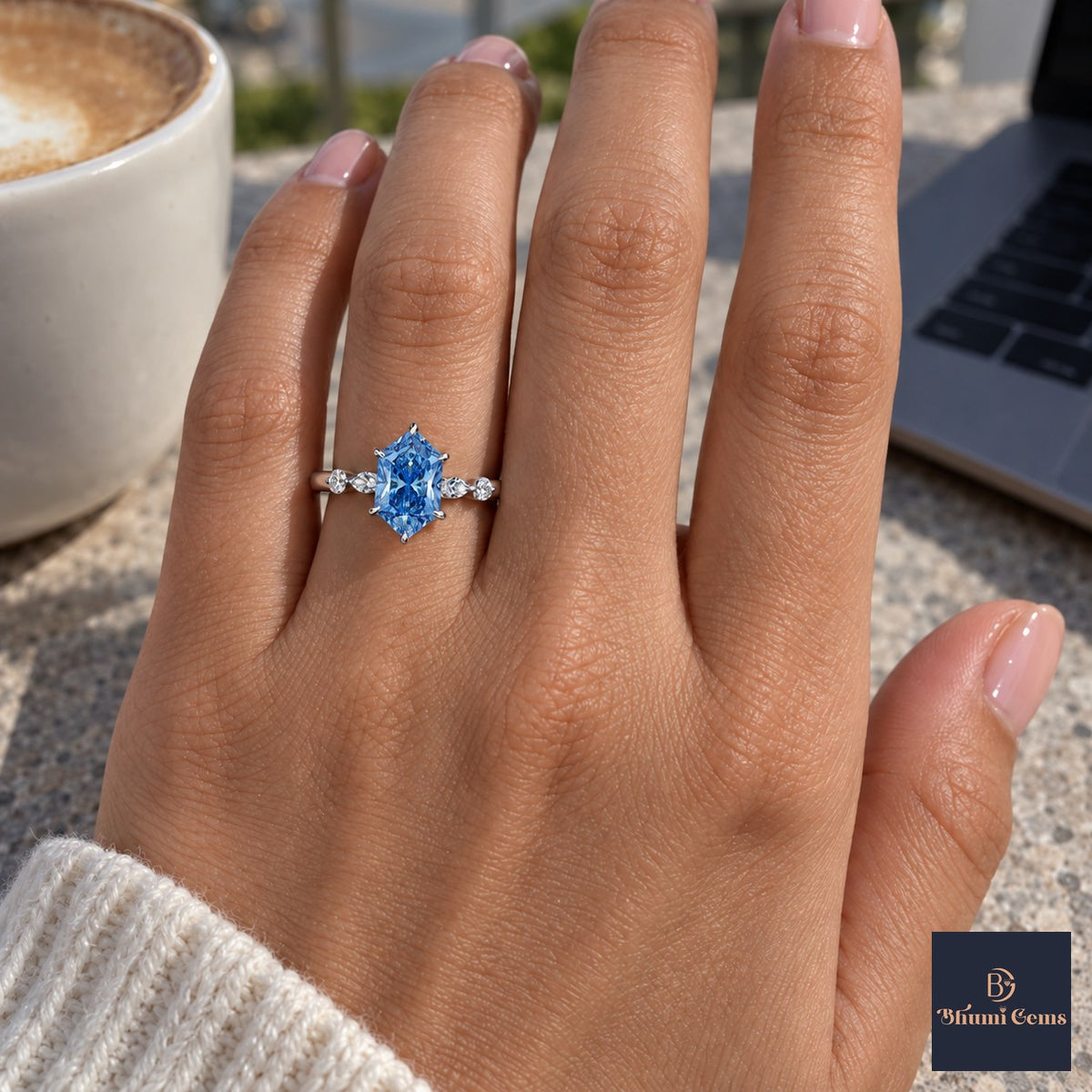 Blue Hexagon Cut Lab Grown Diamond Engagement Ring - Marquise and Round Accents in white gold, on the hand
