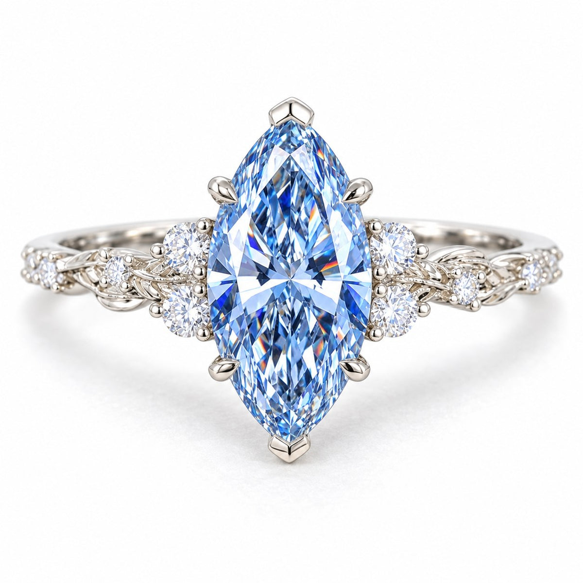Blue Marquise Cut Lab Grown Diamond Engagement Ring - Cluster Vine Band in white gold, front view