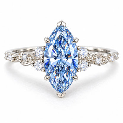Blue Marquise Cut Lab Grown Diamond Engagement Ring - Cluster Vine Band in white gold, front view
