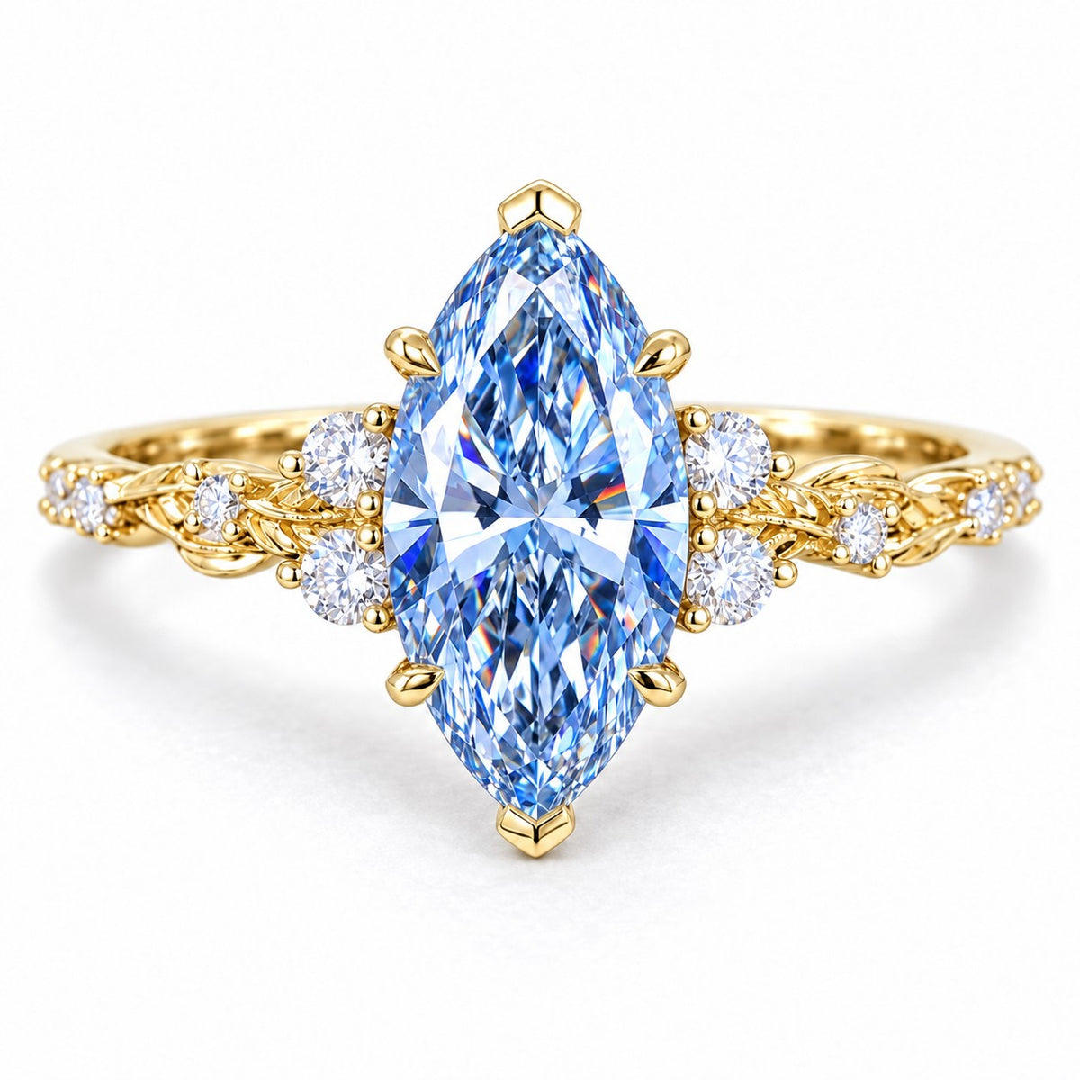 Blue Marquise Cut Lab Grown Diamond Engagement Ring - Cluster Vine Band in yellow gold, front view