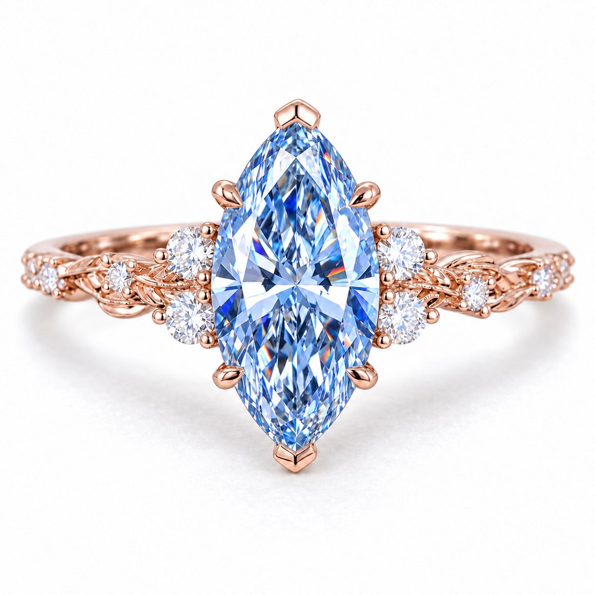 Blue Marquise Cut Lab Grown Diamond Engagement Ring - Cluster Vine Band in rose gold, front view