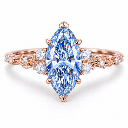 Blue Marquise Cut Lab Grown Diamond Engagement Ring - Cluster Vine Band in rose gold, front view