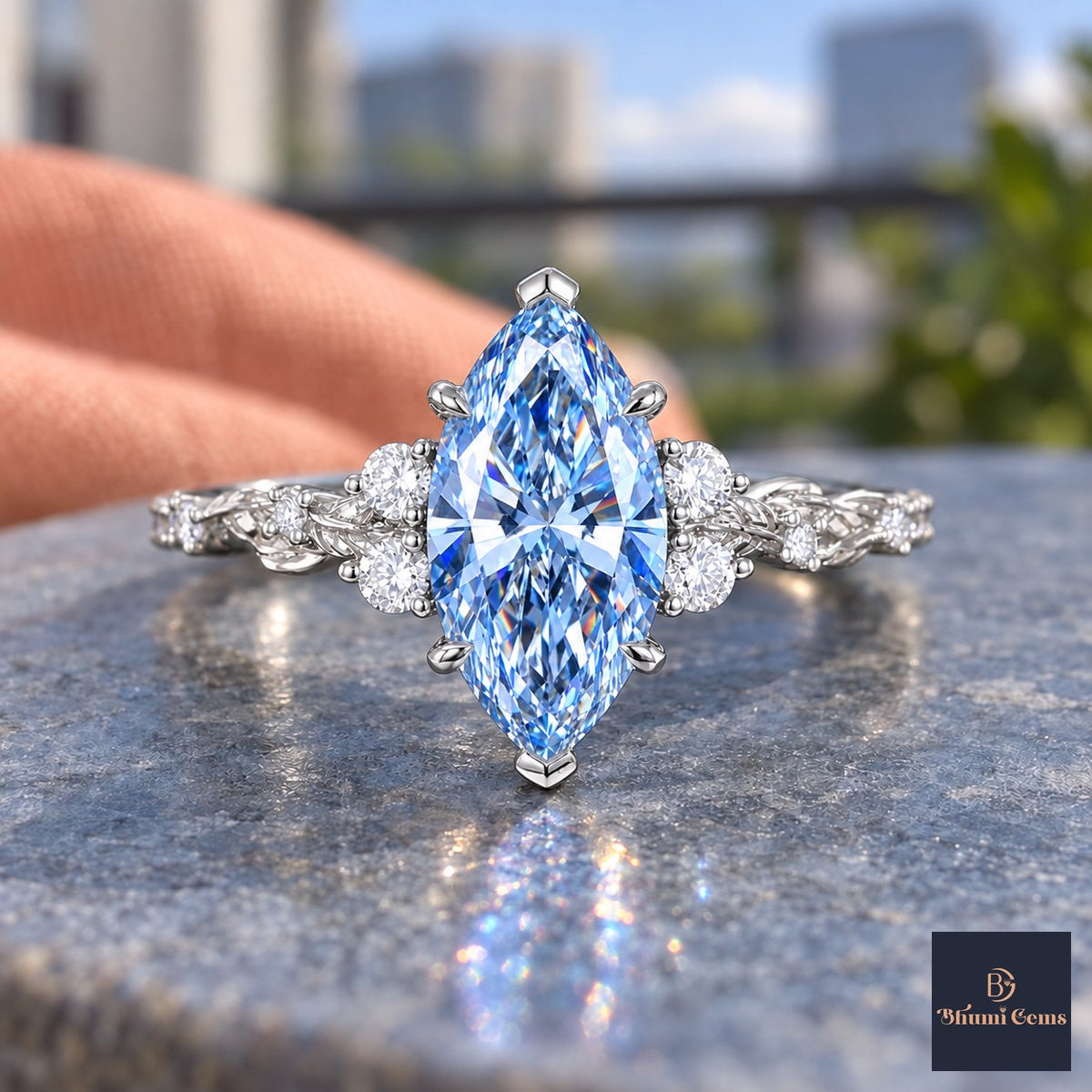 Blue Marquise Cut Lab Grown Diamond Engagement Ring - Cluster Vine Band in white gold, close-up