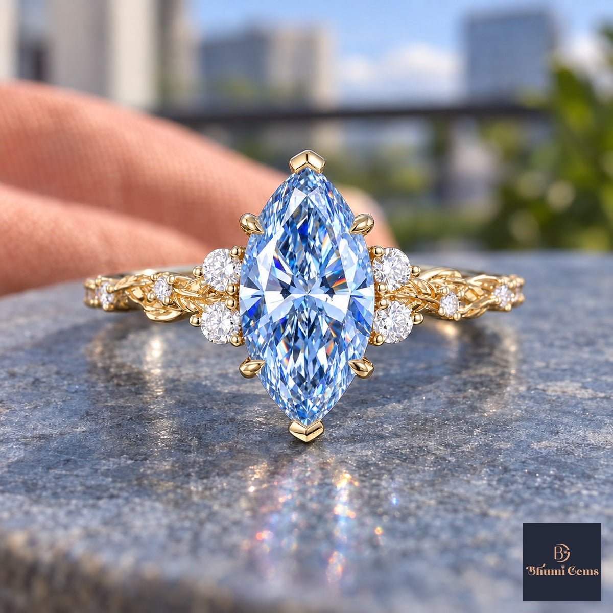 Blue Marquise Cut Lab Grown Diamond Engagement Ring - Cluster Vine Band in yellow gold, close-up