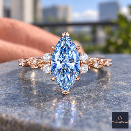 Blue Marquise Cut Lab Grown Diamond Engagement Ring - Cluster Vine Band in rose gold, close-up