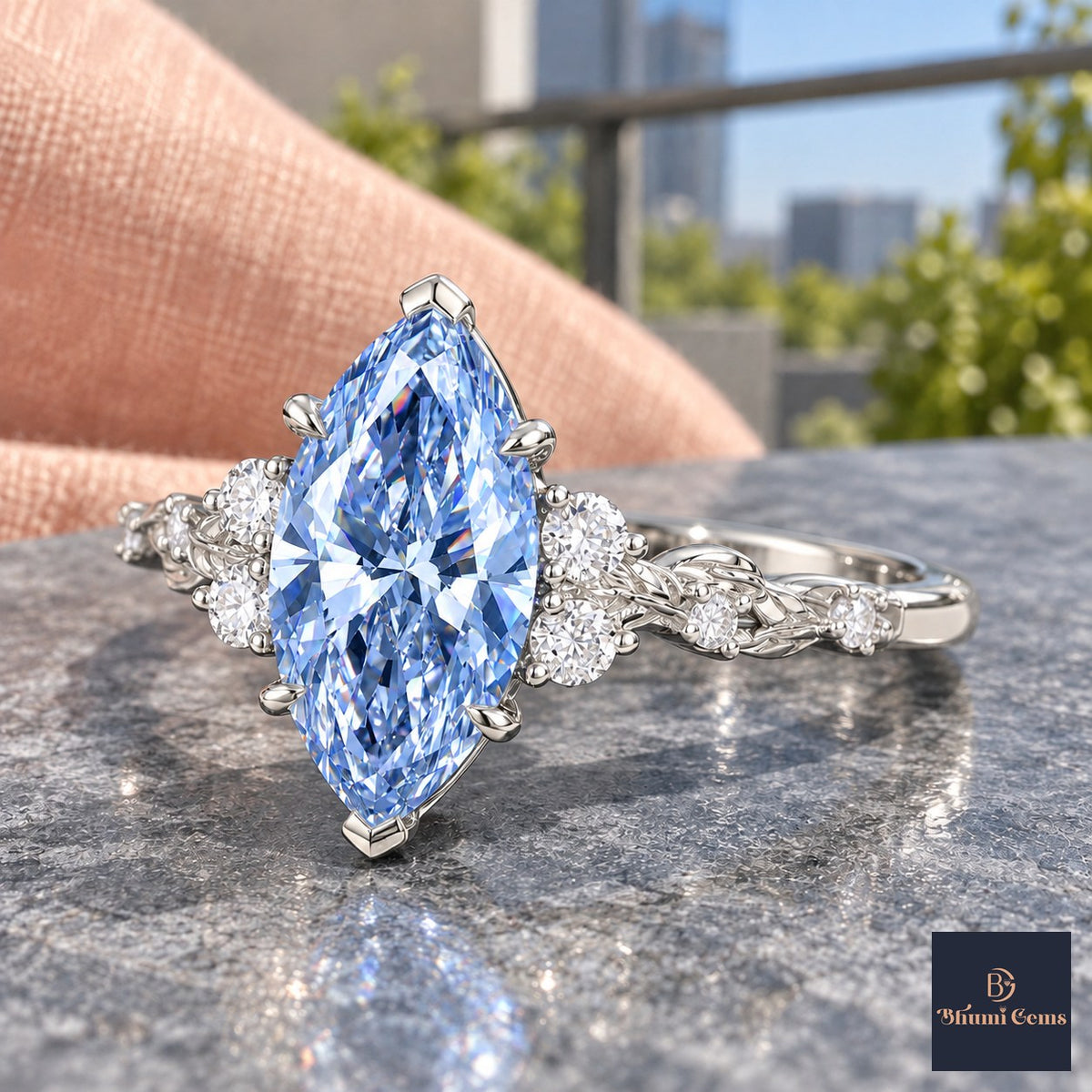 Blue Marquise Cut Lab Grown Diamond Engagement Ring - Cluster Vine Band in white gold, side view