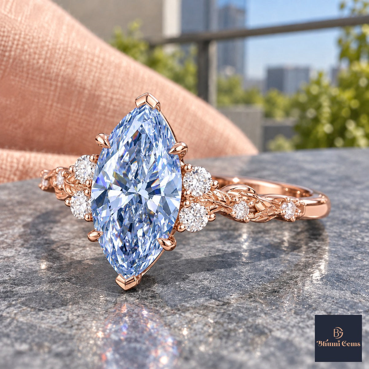 Blue Marquise Cut Lab Grown Diamond Engagement Ring - Cluster Vine Band in rose gold, side view