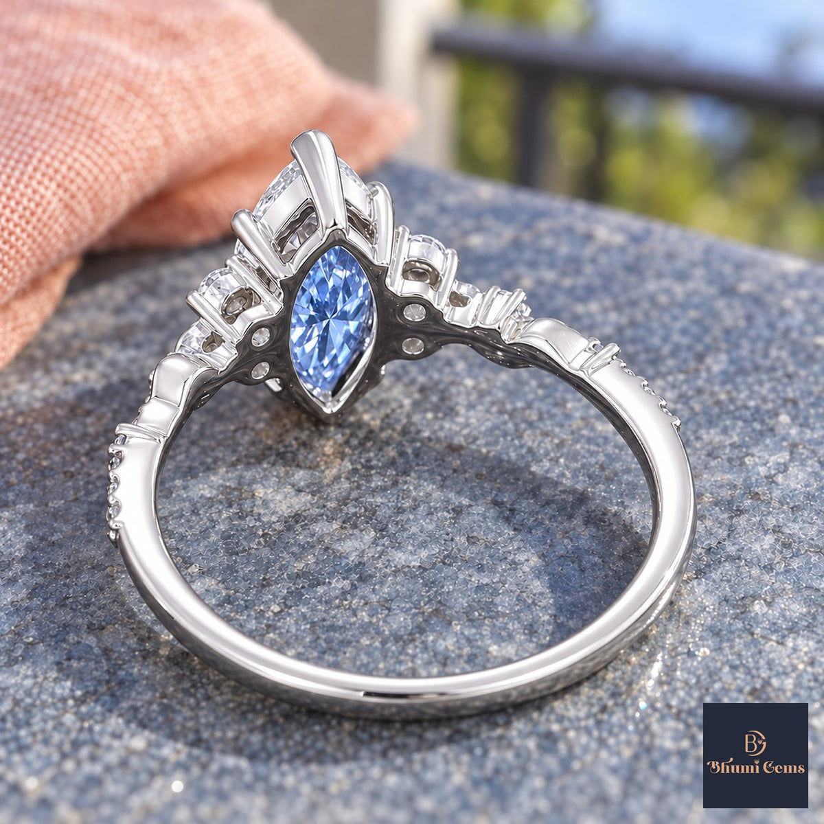 Blue Marquise Cut Lab Grown Diamond Engagement Ring - Cluster Vine Band in white gold, gallery view