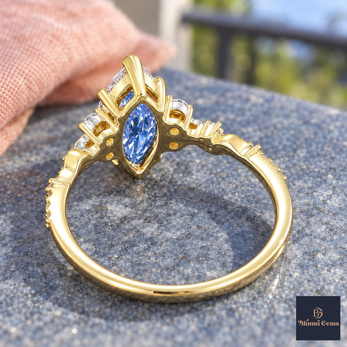 Blue Marquise Cut Lab Grown Diamond Engagement Ring - Cluster Vine Band in yellow gold, gallery view