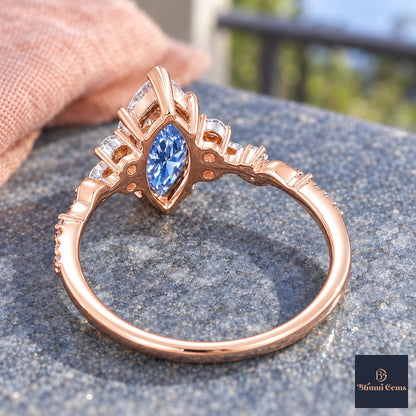 Blue Marquise Cut Lab Grown Diamond Engagement Ring - Cluster Vine Band in rose gold, gallery view
